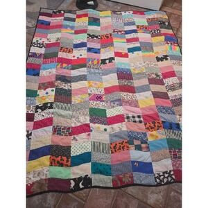 Handmade Patchwork Quilt Multi Color Scrappy Rectangles 60x76 Throw Blanket VTG